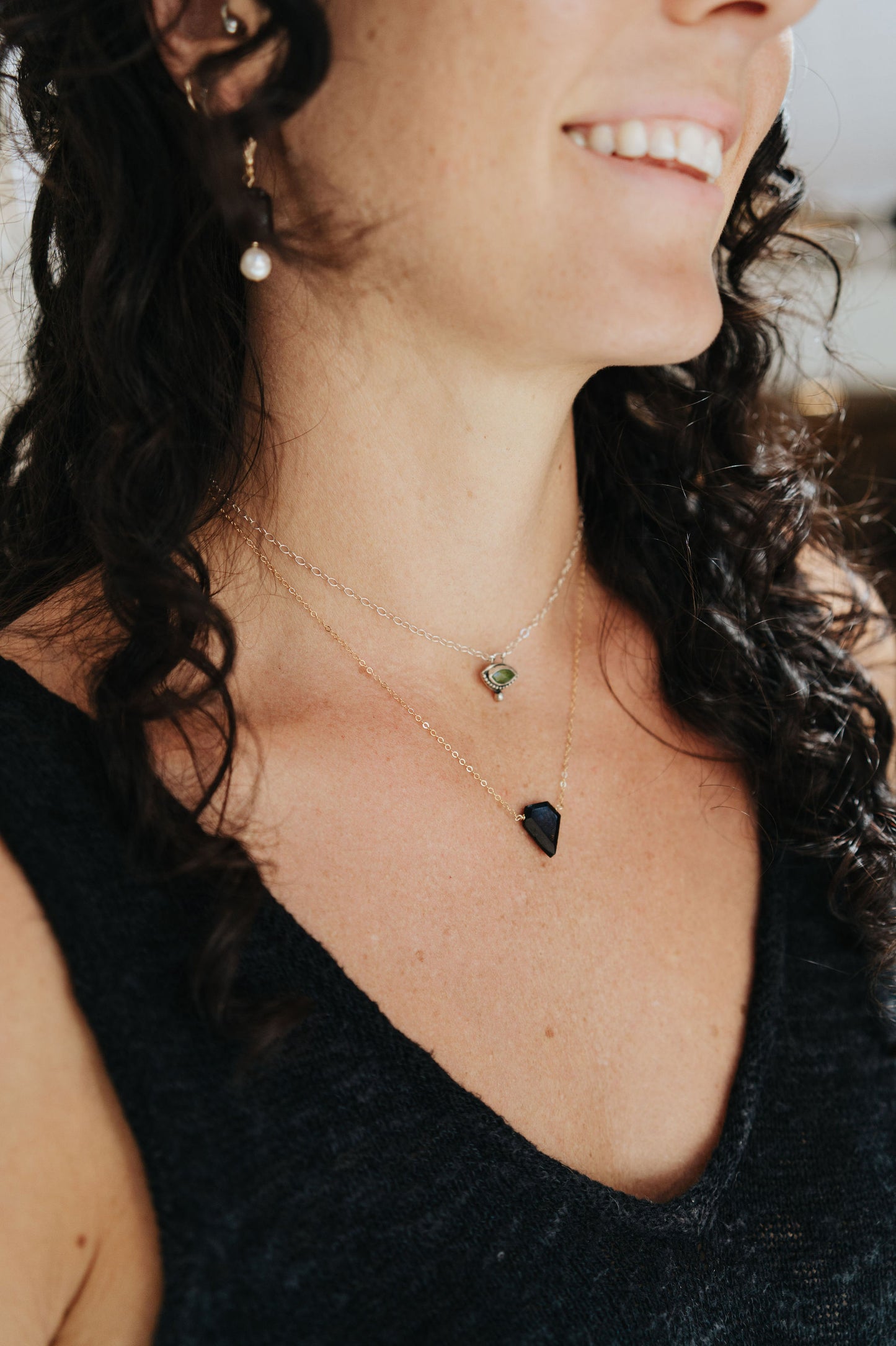 Black Tourmaline Coffin Layering Chain- Minimalist Style