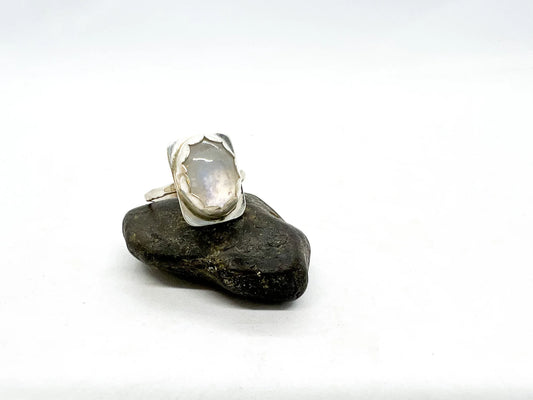 Moonstone Ring with Scallop Bezel and Hammered Band