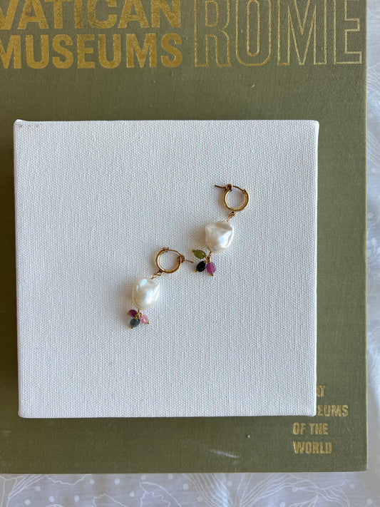 Baroque Pearls + Tourmaline Huggies