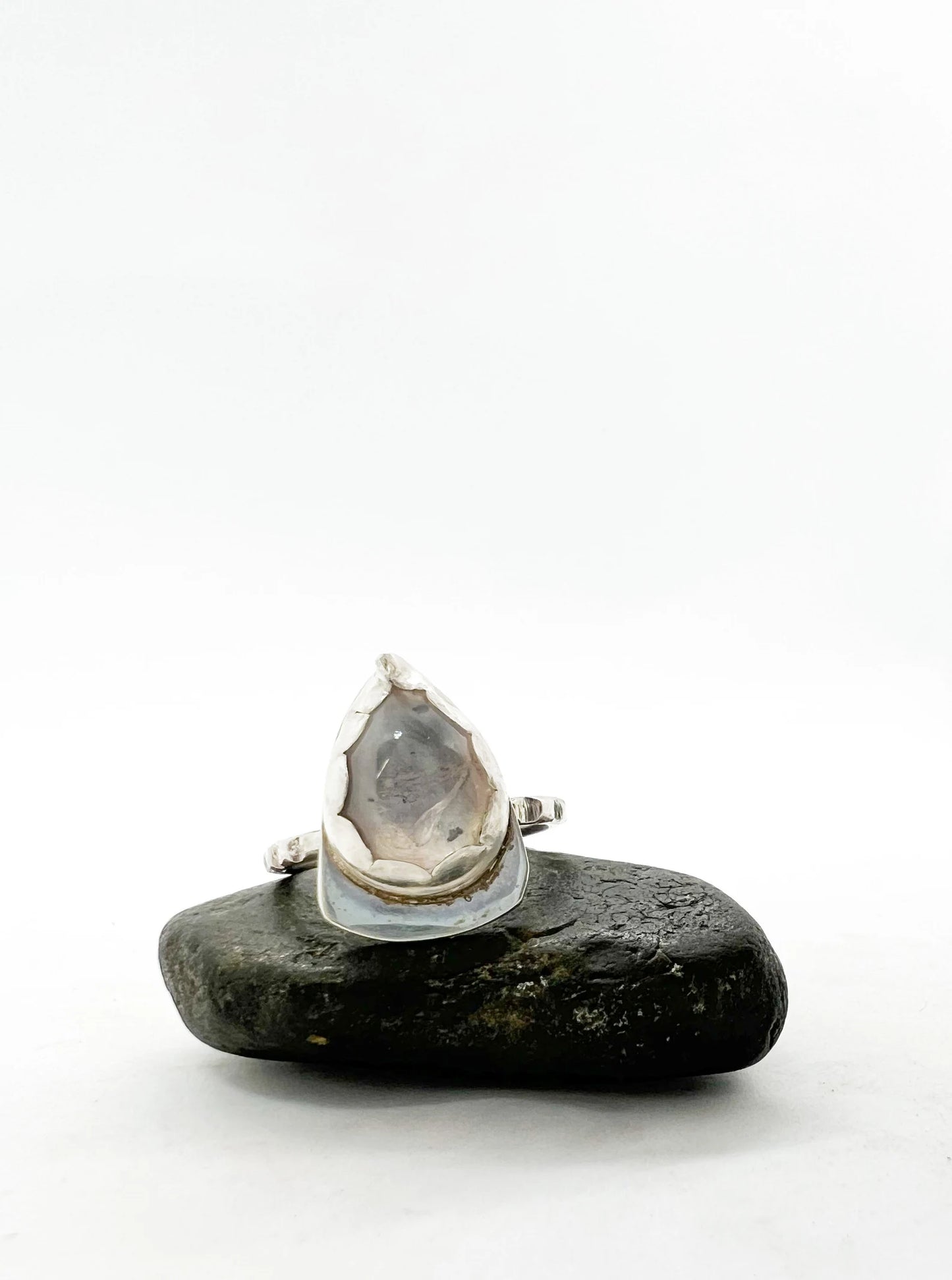 Teardrop Rose Quartz Silver Ring Size 5.75