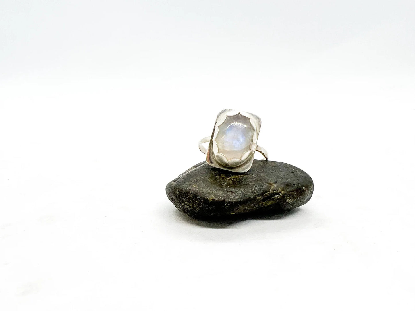 Moonstone Ring with Scallop Bezel and Hammered Band